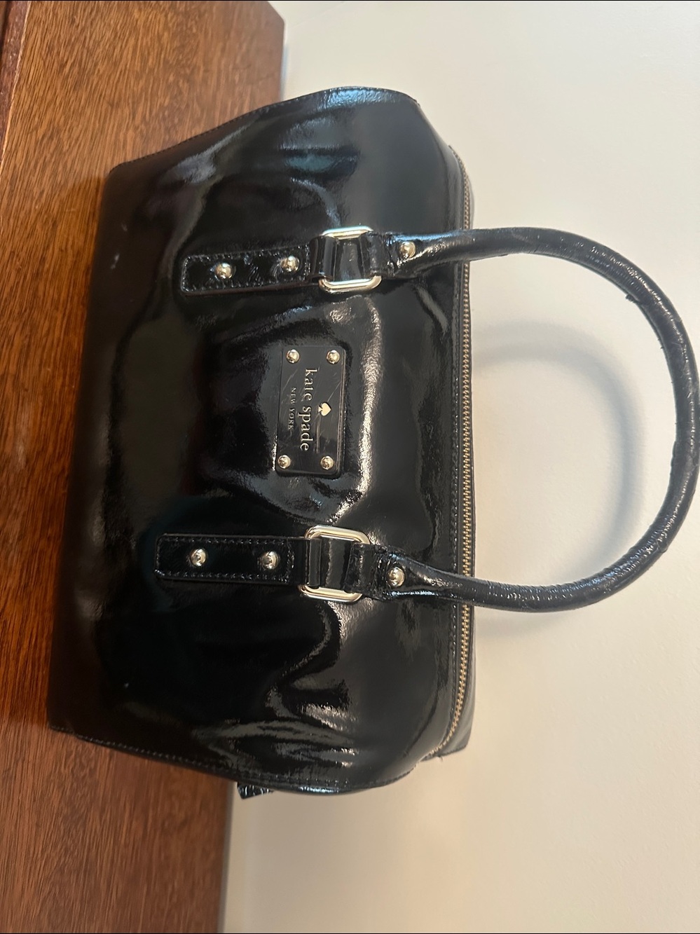 kate spade Black Patent Leather Satchel with Gold Plaque